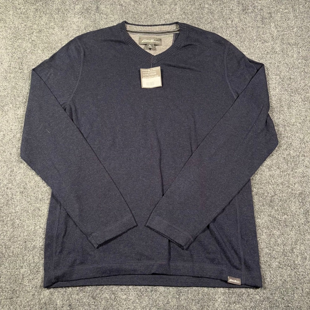 NWT Eddie‎ Bauer Talus V-Neck Sweater Mens Size M Cotton Merino Wool Navy Blue